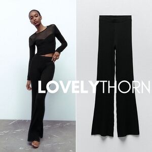 ZARA // black super soft ribbed knit high waist flare pants